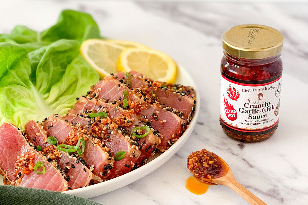 Seared Ahi Tuna with Spicy Crunchy Garlic Chili Sauce